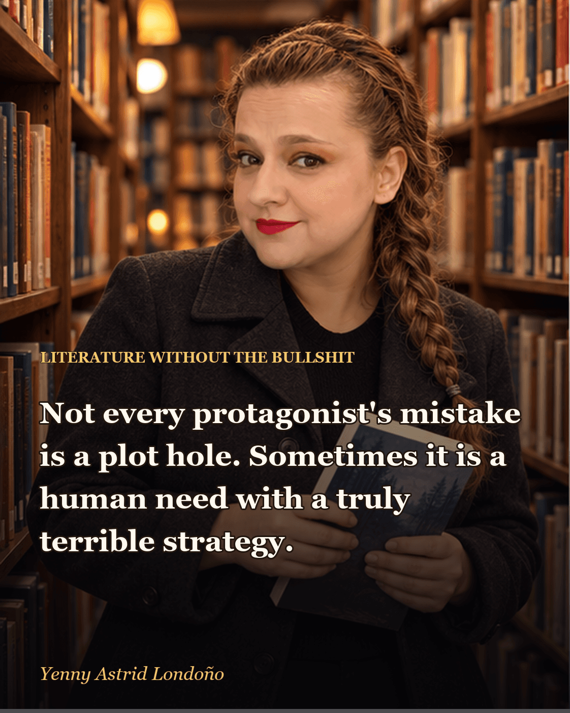 Image from “Literary Protagonists You Want to Shake, Even When You Understand Why They Stay,” written by Yenny Astrid Londoño. Yenny marking a page in an open thriller and questioning why the protagonist insists.