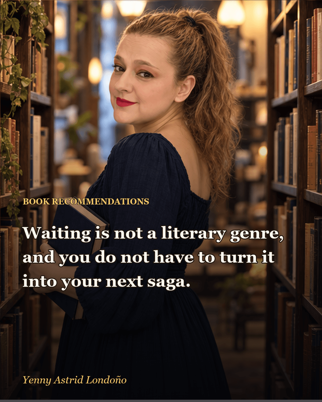 Image from “What to Read After *The Name of the Wind*: Eight Choices for Anyone Who Still Hears the Music,” written by Yenny Astrid Londoño. Yenny choosing a new novel from a shelf while the previous book remains open.
