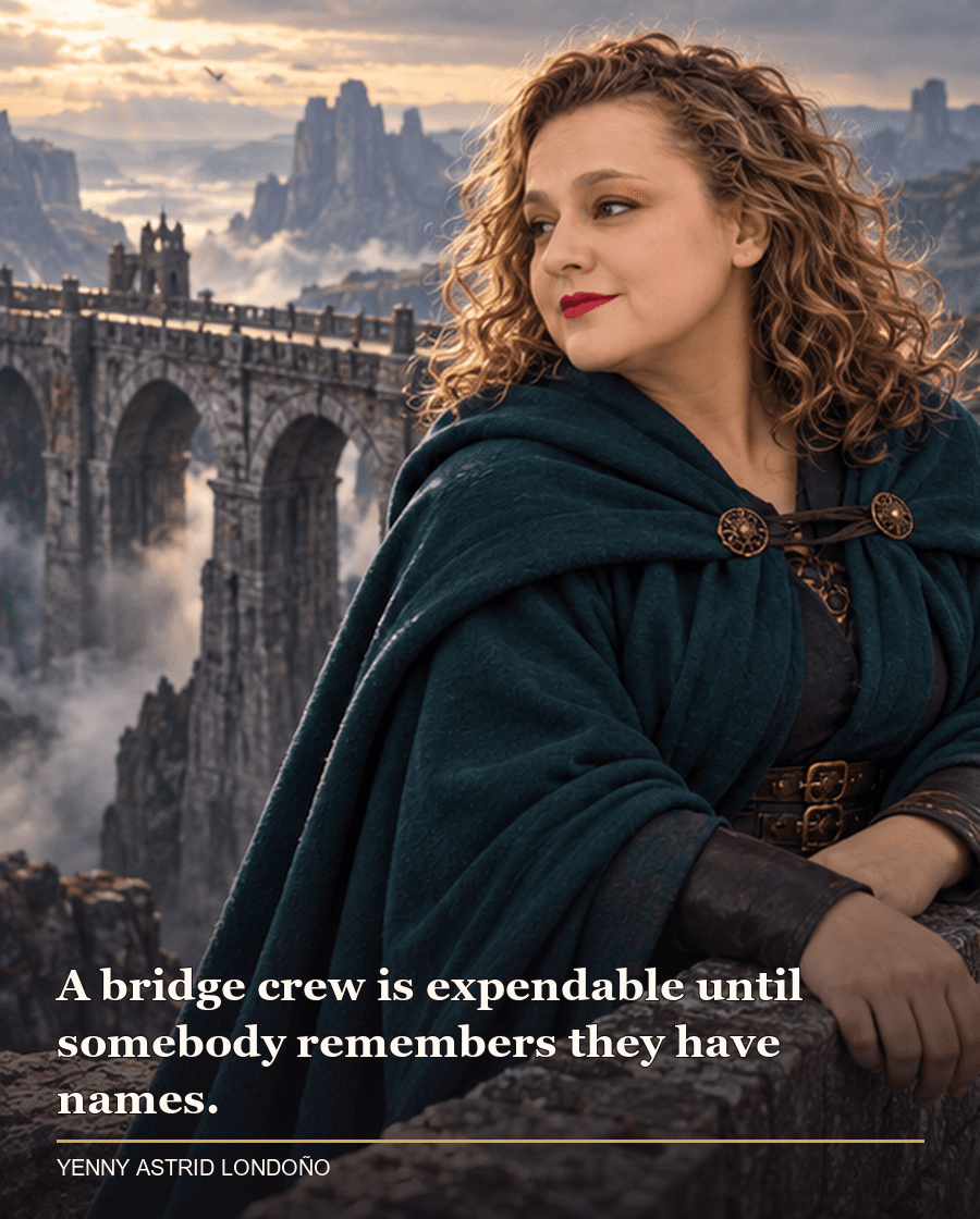 Image from Yenny Astrid Londoño’s review of “The Way of Kings”. Yenny in a blue cloak beside a long stone bridge over a chasm, with no battle in view. Text: A bridge crew is expendable until somebody remembers they have names.