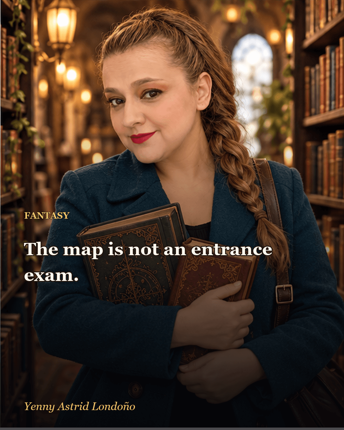 Image from “Best Fantasy Series for Beginners: Seven Doors and No Literary Customs Office,” written by Yenny Astrid Londoño. Yenny in a fantasy library holding two novels beside a map she does not need to memorize.