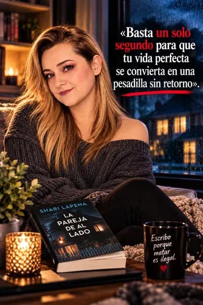 Yenny Astrid Londoño con un suéter oscuro junto a La pareja de al lado, de Shari Lapena, una vela y una taza.