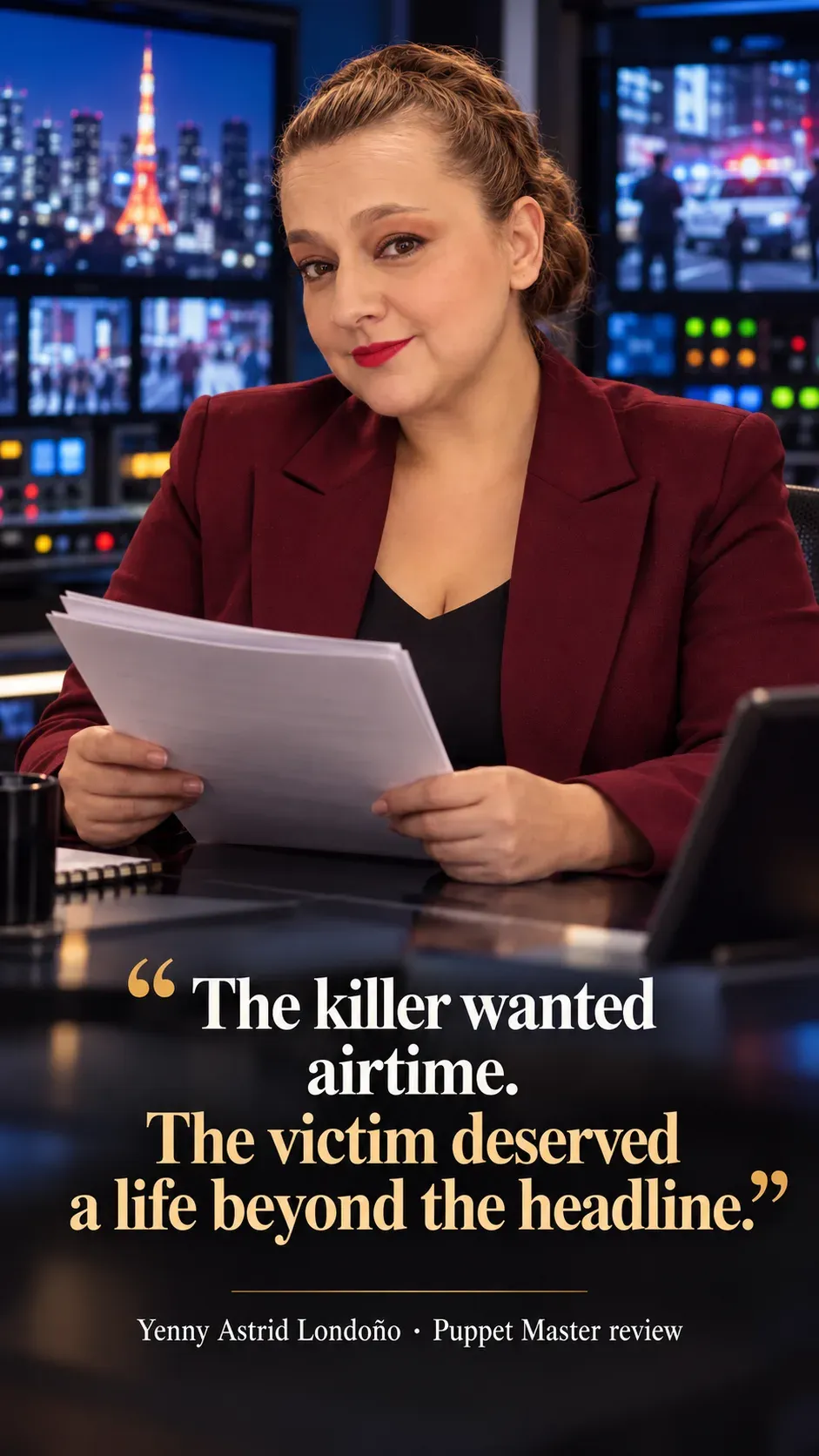 Image from Yenny Astrid Londoño’s review of “Puppet Master”. Yenny in a burgundy blazer with pages in a television control room. Text: The killer wanted airtime. The victim deserved a life beyond the headline.