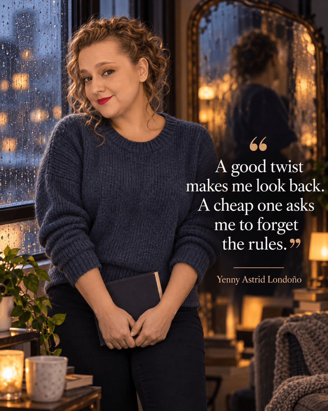 Image from Yenny Astrid Londoño’s review of “Behind Her Eyes”. Yenny by a rainy window beside her comment about a twist. Text: A good twist makes me look back. A cheap one asks me to forget the rules.
