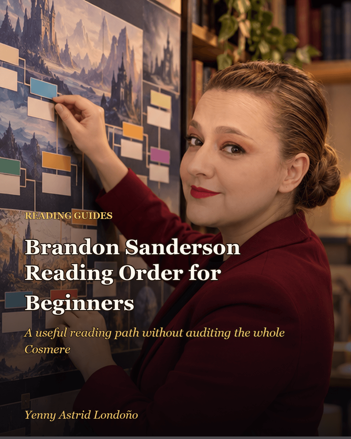 Cover image for “Brandon Sanderson Reading Order for Beginners: The Series First, the Map Later,” written by Yenny Astrid Londoño. Yenny arranging Brandon Sanderson fantasy books with colored tabs on a library table.