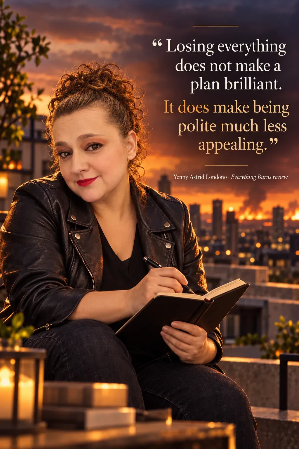 Image from Yenny Astrid Londoño’s review of “Everything Burns”. Yenny in a black jacket writing on a rooftop overlooking the city at dusk. Text: Losing everything does not make a plan brilliant. It does make being polite much less appealing.