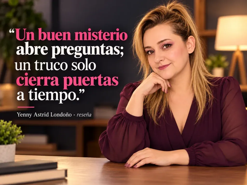 Imagen de la reseña del libro «El último secreto», escrita por Yenny Astrid Londoño. Yenny Astrid Londoño en una imagen editorial con la frase del libro sobre Un buen misterio abre preguntas; un truco solo cierra puertas a tiempo.