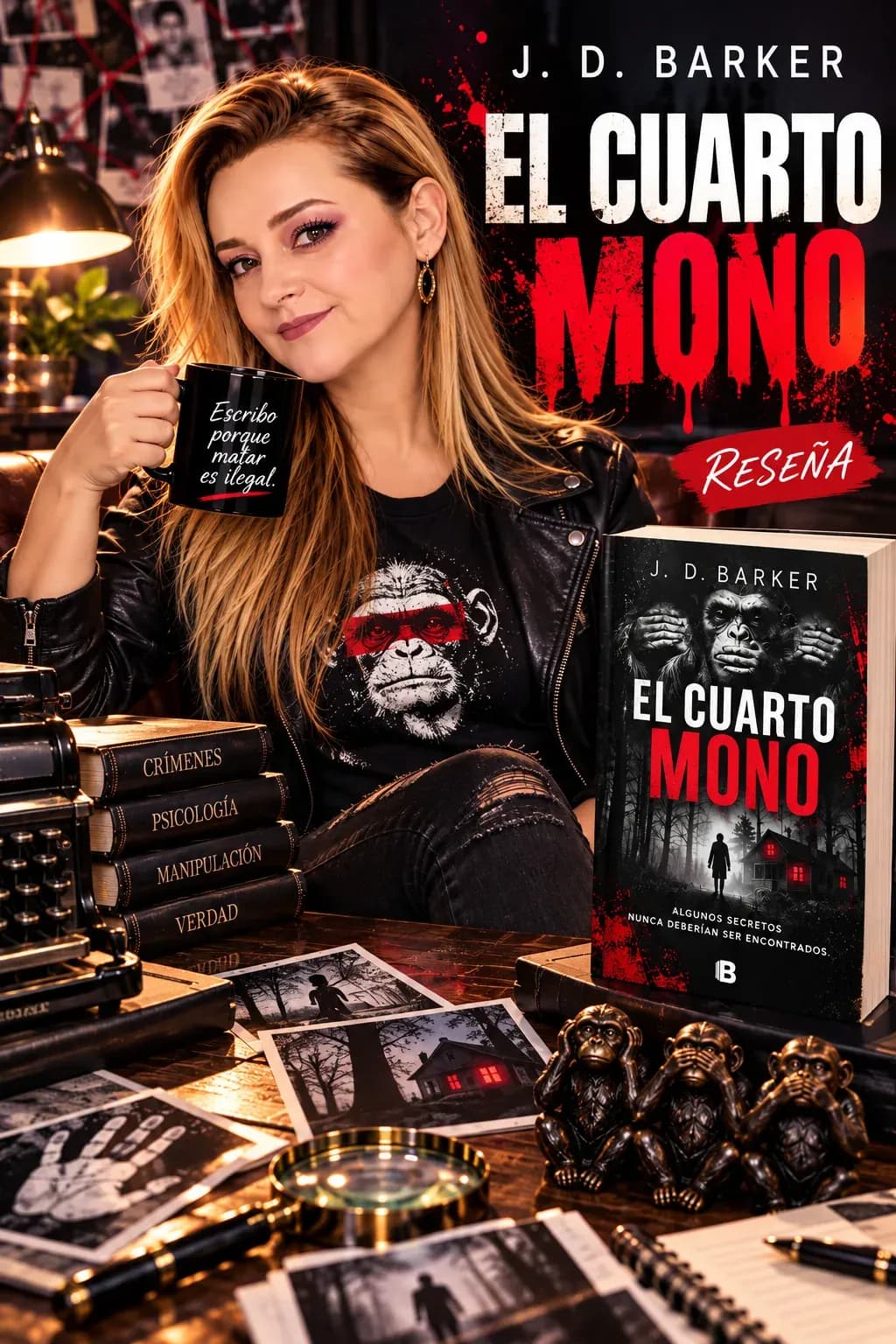 Yenny Astrid Londoño con una chaqueta de cuero y una taza, sentada junto a El cuarto mono, de J. D. Barker, entre fotografías y estatuillas de tres monos, con el título de la reseña superpuesto en la imagen.
