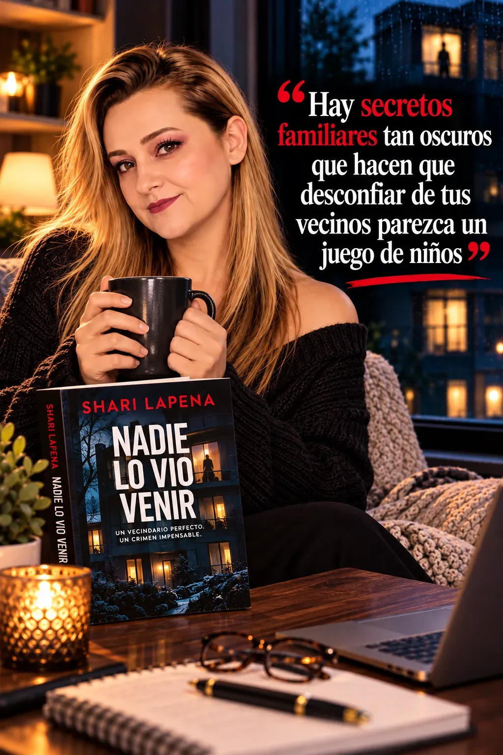 Yenny Astrid Londoño con un suéter oscuro y una taza en las manos, con Nadie lo vio venir, de Shari Lapena, sobre la mesa y un texto superpuesto en la imagen.