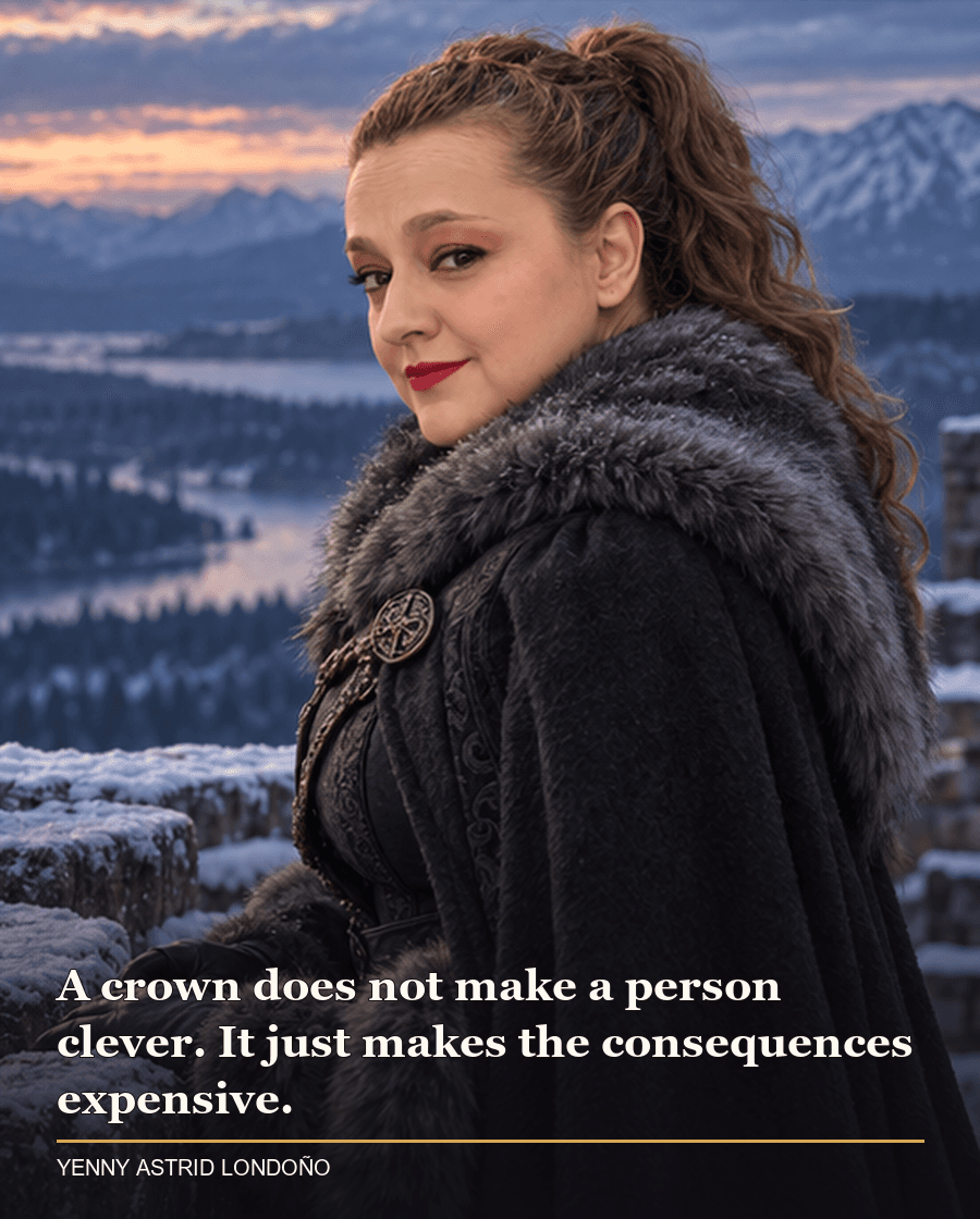 Image from Yenny Astrid Londoño’s review of “A Game of Thrones”. Yenny in a charcoal fur-trimmed coat atop a high stone wall at twilight, facing a cold northern landscape. Text: A crown does not make a person clever. It just makes the consequences expensive.