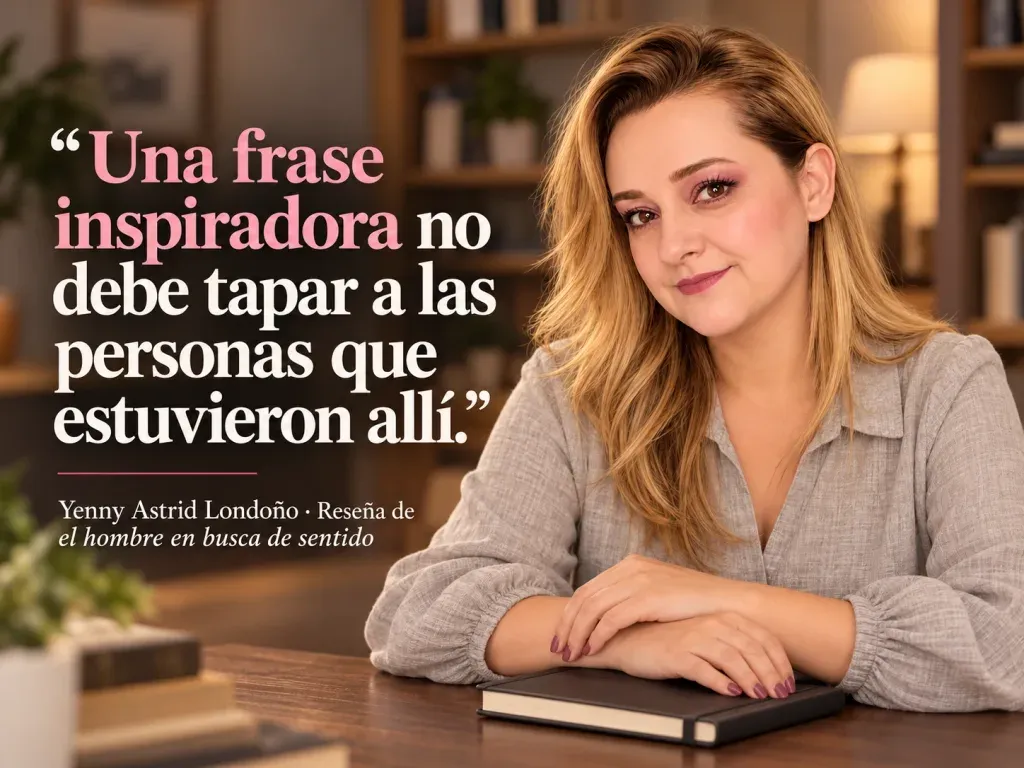 Imagen de la reseña del libro «El hombre en busca de sentido», escrita por Yenny Astrid Londoño. Yenny Astrid Londoño en una imagen editorial con la frase del libro sobre Frankl no escribió para decorar una taza con frase del libros bonitas.