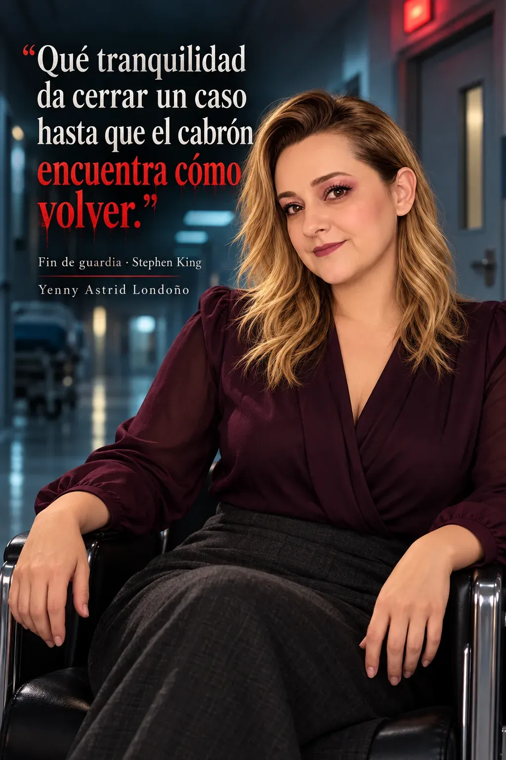 Yenny con blusa borgoña y falda gris sentada en un pasillo de hospital.