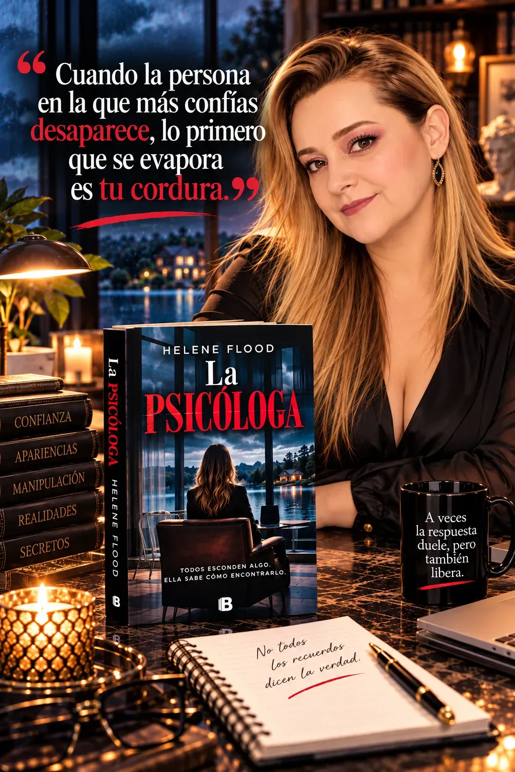 Yenny Astrid Londoño con una blusa negra, con La psicóloga, de Helene Flood, sobre la mesa junto a una lámpara, un cuaderno y un texto superpuesto en la imagen.