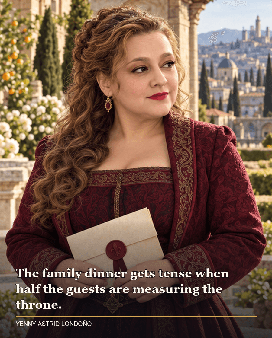 Image from Yenny Astrid Londoño’s review of “A Game of Thrones”. Yenny in a burgundy coat in a southern palace garden holding a sealed parchment and looking toward the city. Text: The family dinner gets tense when half the guests are measuring the throne.