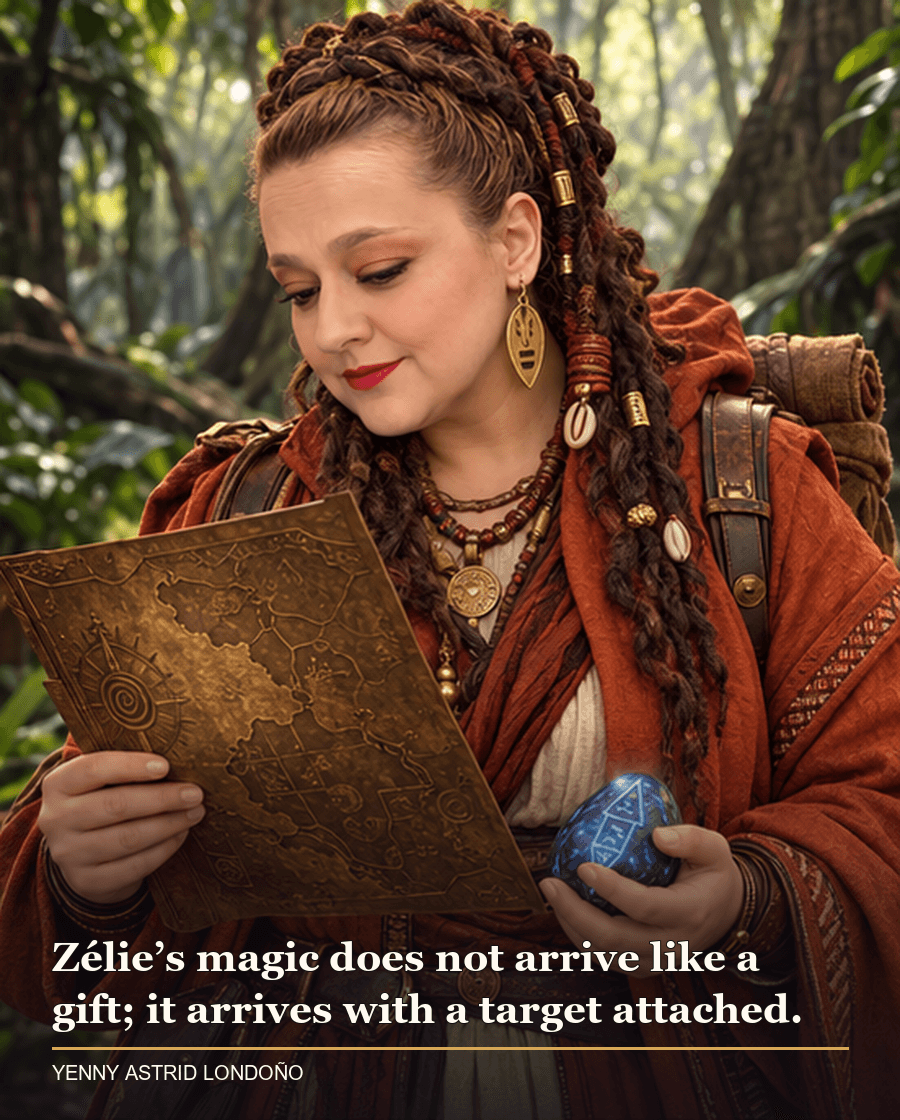 Image from Yenny Astrid Londoño’s review of “Children of Blood and Bone”. Yenny in a burnt-orange travel coat studying a magical stone and map in a forest inspired by Orïsha. Text: Zélie’s magic does not arrive like a gift; it arrives with a target attached.