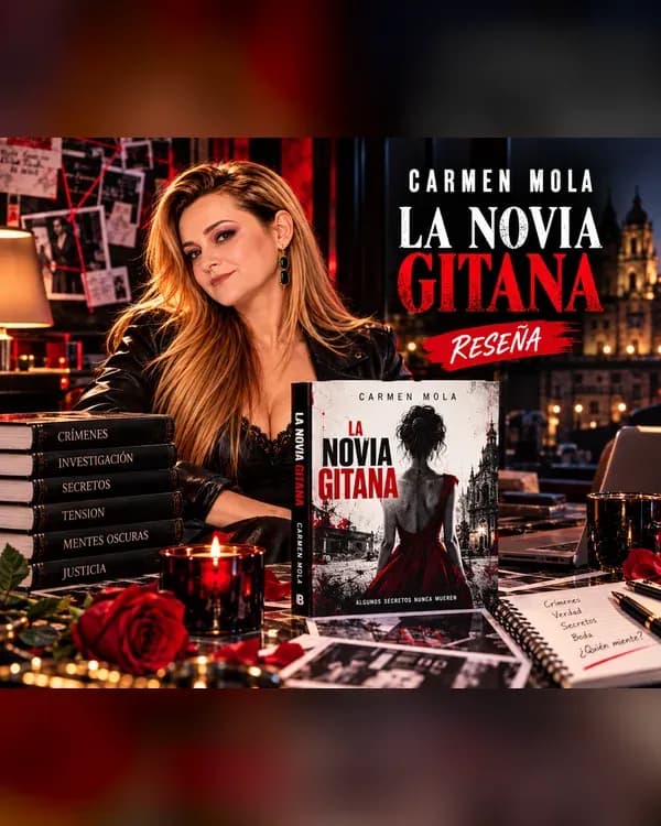 Yenny Astrid Londoño con una chaqueta de cuero negra junto a La novia gitana, de Carmen Mola, y una vela.