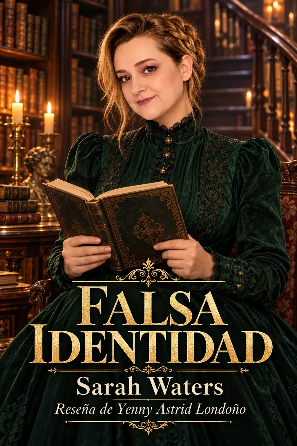 Yenny con vestido verde de época y trenza recogida sostiene un libro artístico en una biblioteca victoriana.
