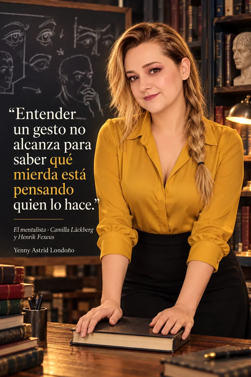 Yenny con blusa mostaza y trenza lateral apoyada en un libro en una biblioteca de psicología.