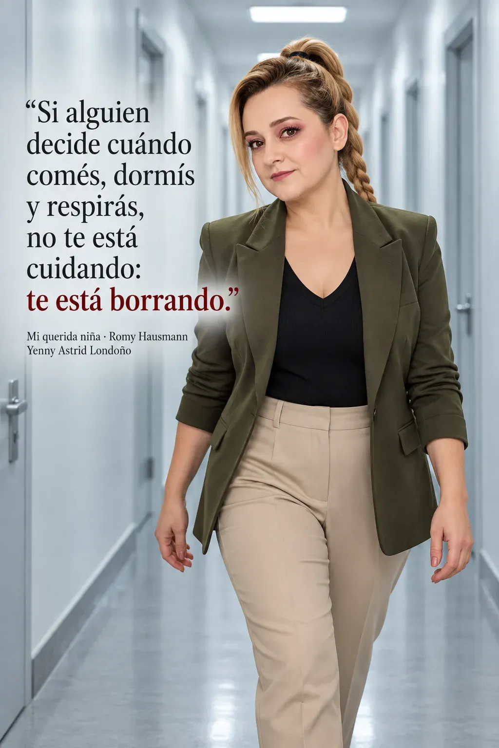 Yenny con blazer verde oliva y trenza alta camina por un pasillo blanco de puertas cerradas.
