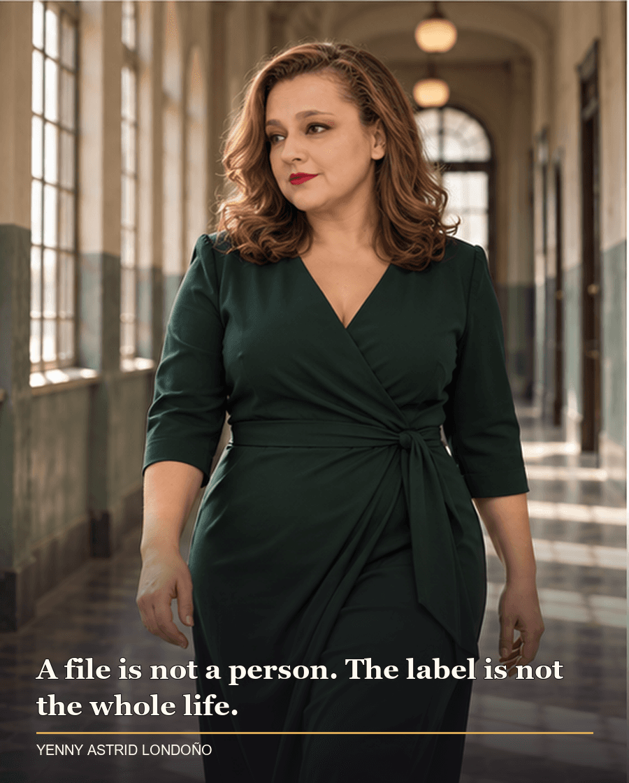 Image from Yenny Astrid Londoño’s review of “God's Crooked Lines”. Yenny in forest-green clothing walking a quiet institutional corridor with old windows. Text: A file is not a person. The label is not the whole life.