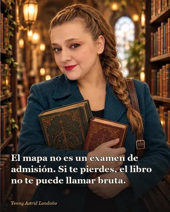 Imagen del artículo «Mejores sagas de fantasía para empezar: siete puertas y ninguna aduana literaria», escrito por Yenny Astrid Londoño. Yenny en una biblioteca con dos libros de fantasía, trenza baja y abrigo azul petróleo; frase: el mapa no es un examen