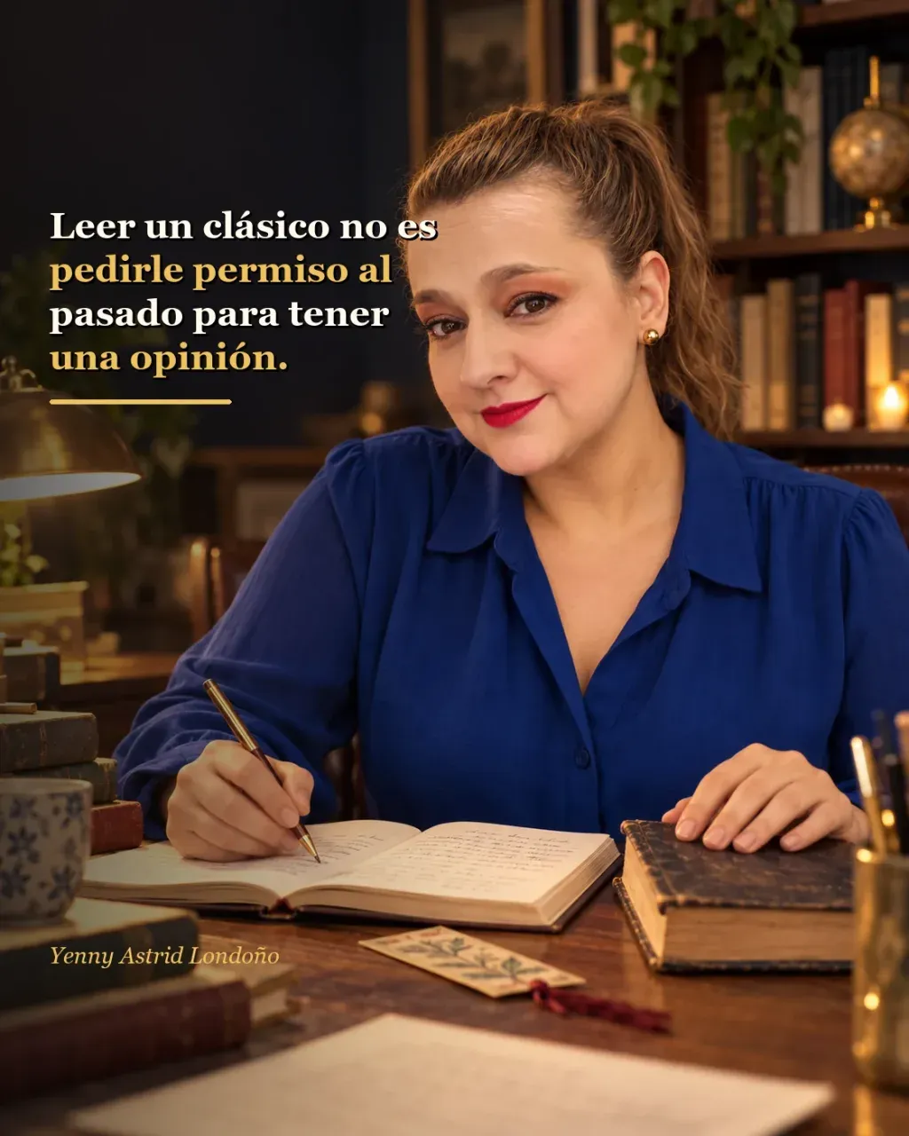 Imagen del artículo «Clásicos que sí vale la pena leer: cinco novelas para dejar la reverencia en la puerta», escrito por Yenny Astrid Londoño. Yenny cierra una novela en una mesa de lectura; frase: «Leer un clásico no es pedirle permiso al pasado»