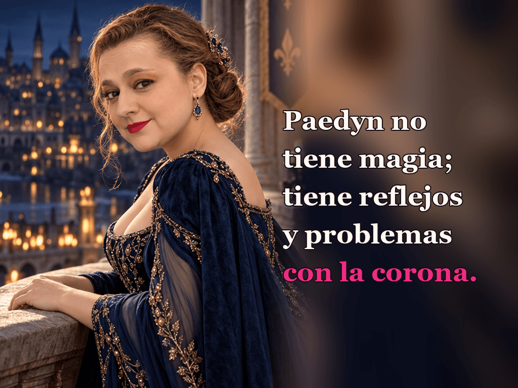 Imagen de la reseña del libro «Powerless», escrita por Yenny Astrid Londoño. Ilustración de Powerless, de Lauren Roberts, con un texto superpuesto: «Paedyn no tiene magia; tiene reflejos y problemas con la corona».