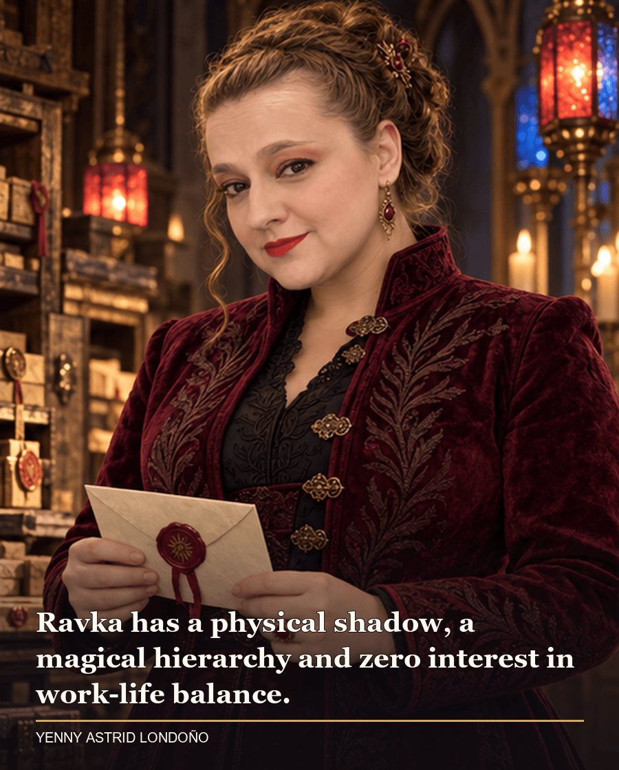 Image from Yenny Astrid Londoño’s review of “Shadow and Bone”. Yenny in a burgundy formal jacket reviewing a sealed royal letter in an archive. Text: Ravka has a physical shadow, a magical hierarchy and zero interest in work-life balance.