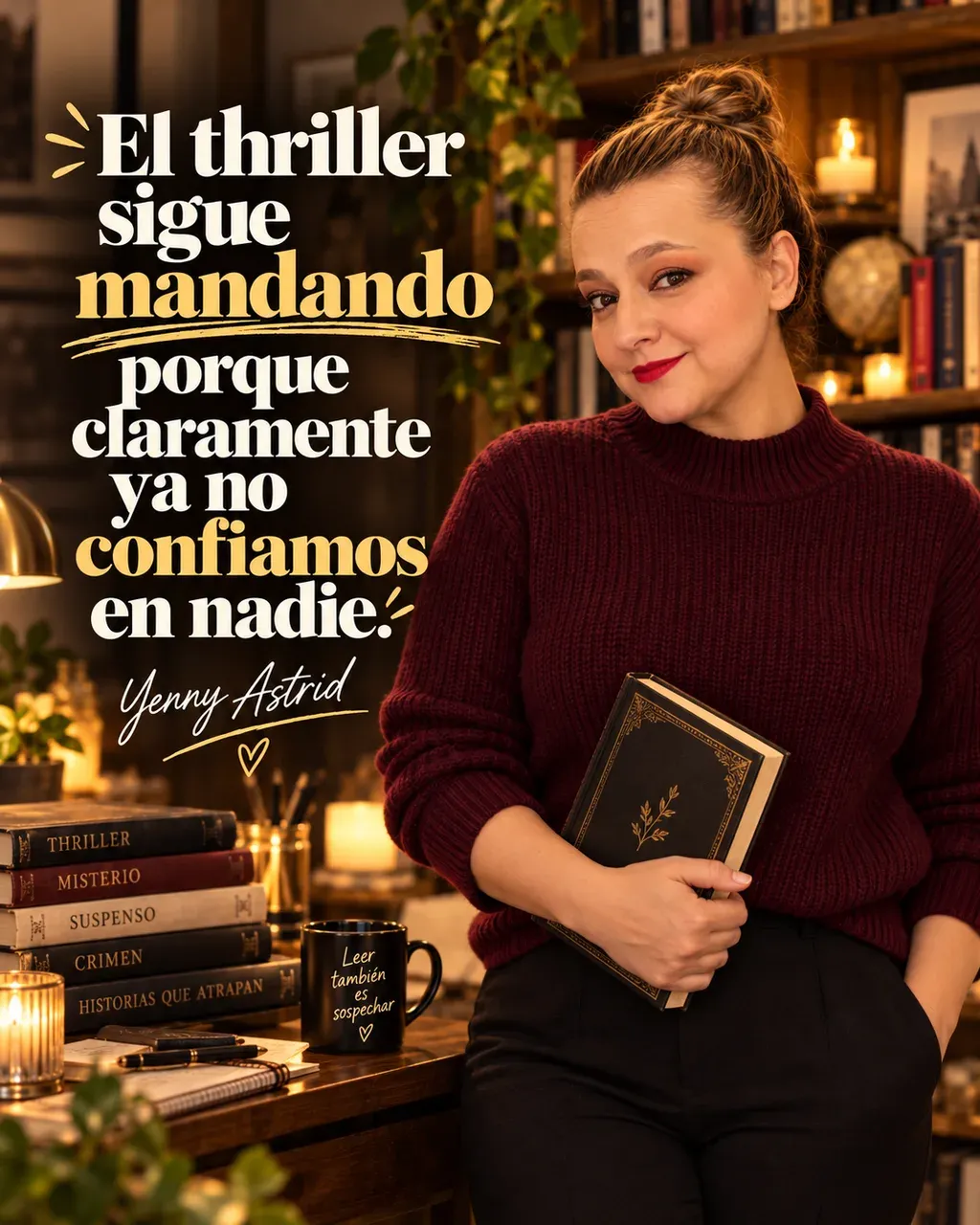 Imagen del artículo «¿Qué carajos está leyendo todo el mundo en 2026? Los 10 libros que están arrasando», escrito por Yenny Astrid Londoño. Yenny en una librería con un libro; frase: «El thriller sigue mandando»