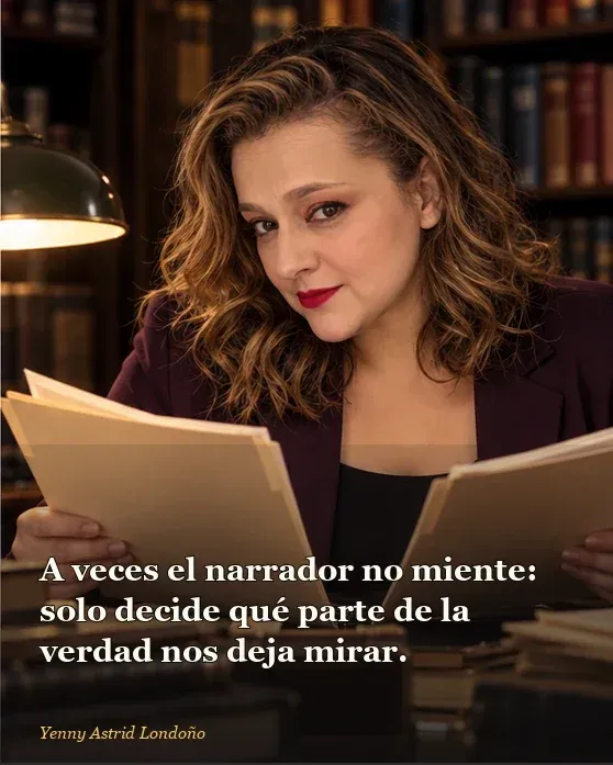 Imagen del artículo «Libros parecidos a *La paciente silenciosa*: qué leer después de Alicia», escrito por Yenny Astrid Londoño. Yenny sostiene dos versiones de un expediente y marca una página con lápiz; frase: “A veces el narrador no miente: solo