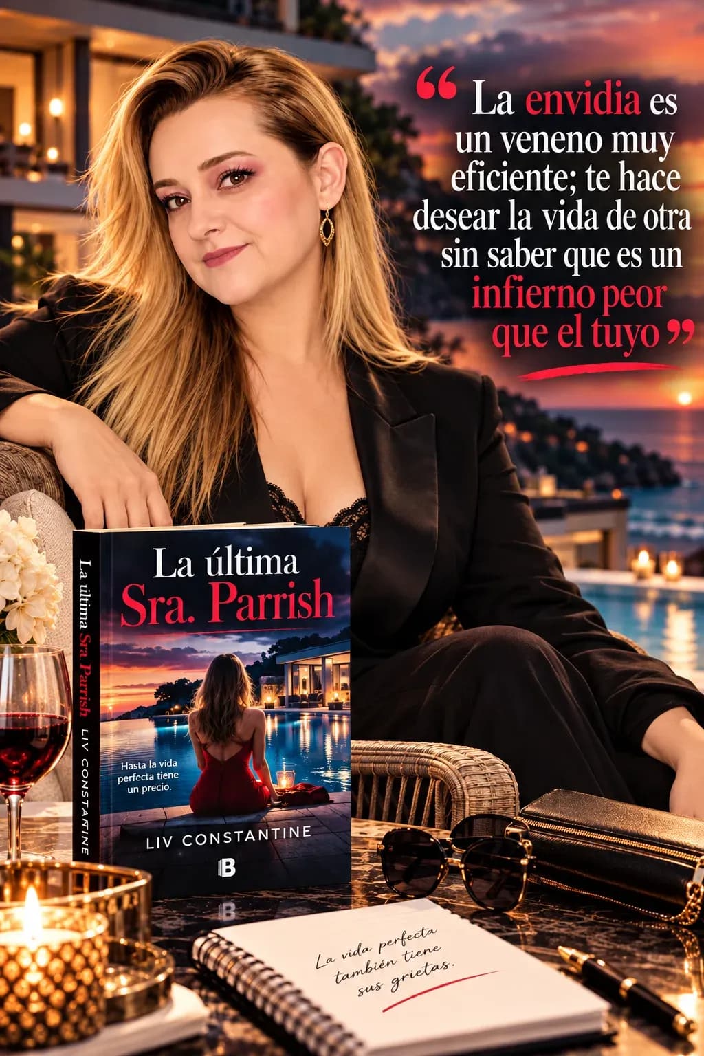 Yenny Astrid Londoño con un traje negro junto a La última Sra. Parrish, de Liv Constantine, una copa de vino y unas gafas de sol, con un atardecer junto al mar y un texto superpuesto en la imagen.