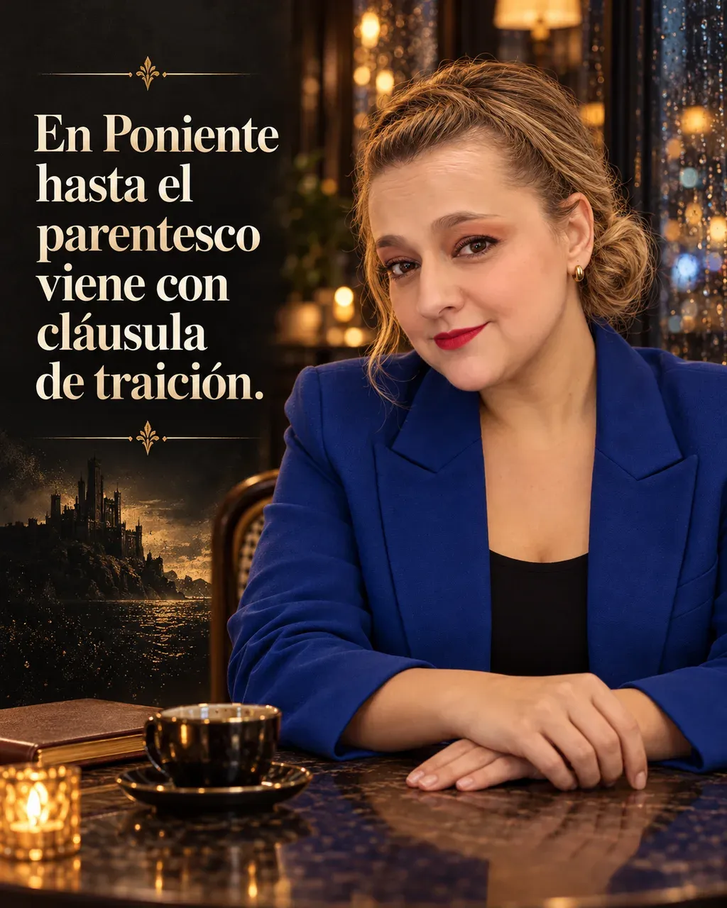 Imagen de la reseña del libro «Juego de tronos», escrita por Yenny Astrid Londoño. Ilustración de Juego de tronos, de George R. R. Martin, con un texto superpuesto: «En Poniente hasta el parentesco viene con cláusula de traición».