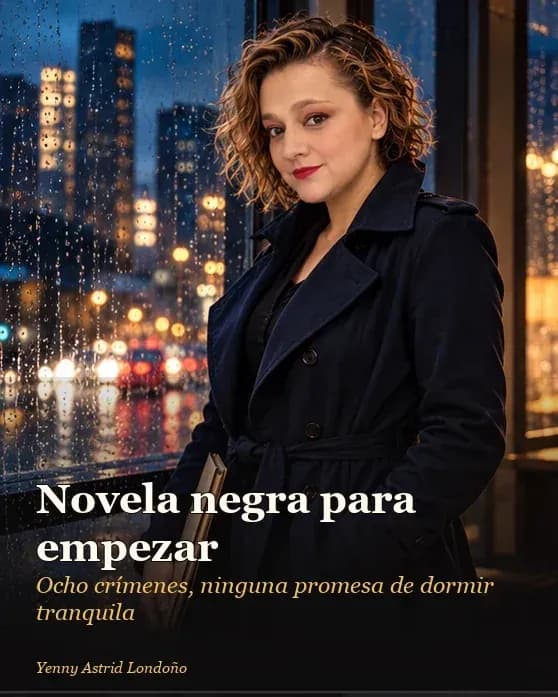 Portada del artículo «Mejores novelas negras para empezar: ocho crímenes y ninguna promesa de que vas a dormir tranquila», escrito por Yenny Astrid Londoño. Yenny en una oficina nocturna con expediente y luz de ciudad, ropa azul petróleo; portada: “Novela negra para empezar”