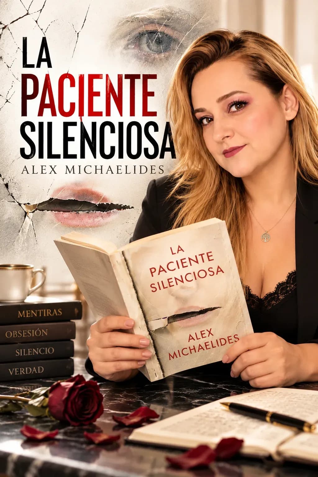 Yenny Astrid Londoño con La paciente silenciosa, de Alex Michaelides, con el libro abierto y una rosa roja.