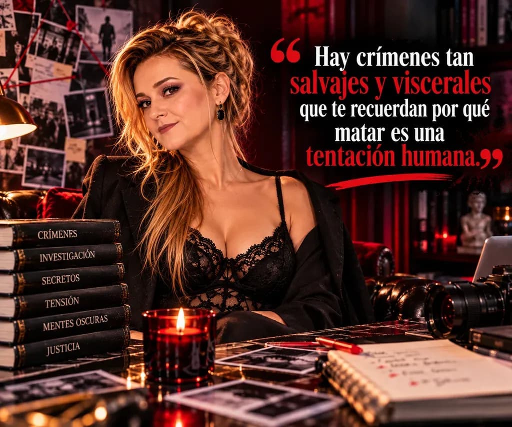Yenny Astrid Londoño con una chaqueta negra, junto a una vela y fotografías sobre la mesa, con un texto superpuesto en la imagen.