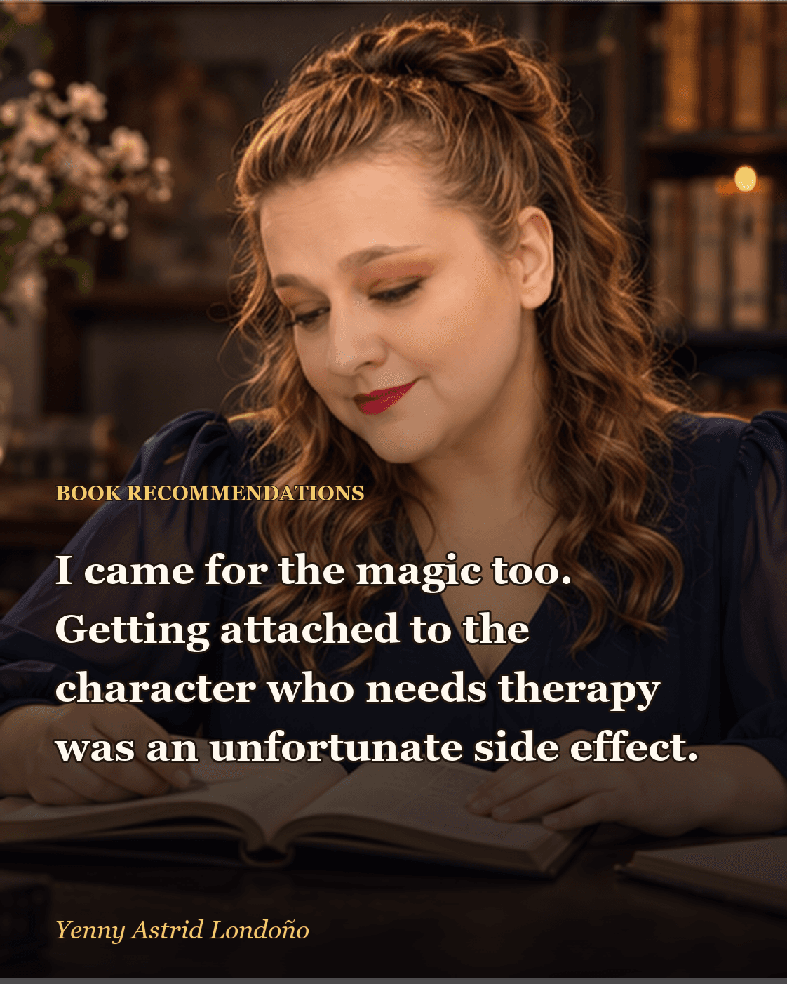 Image from “What Is Romantasy, and Which Books Are Worth Reading? Magic, Desire, and Questionable Decisions,” written by Yenny Astrid Londoño. Yenny studying a fantasy map beside two closed romantic fantasy novels.