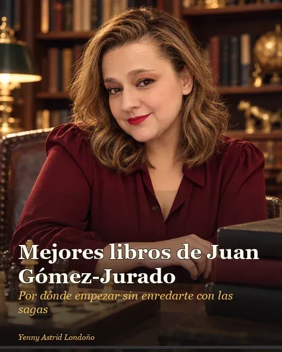 Portada del artículo «Mejores libros de Juan Gómez-Jurado: por dónde empezar sin enredarte con las sagas», escrito por Yenny Astrid Londoño. Yenny organiza novelas de suspenso y una libreta con rutas de lectura sobre la mesa de una biblioteca.