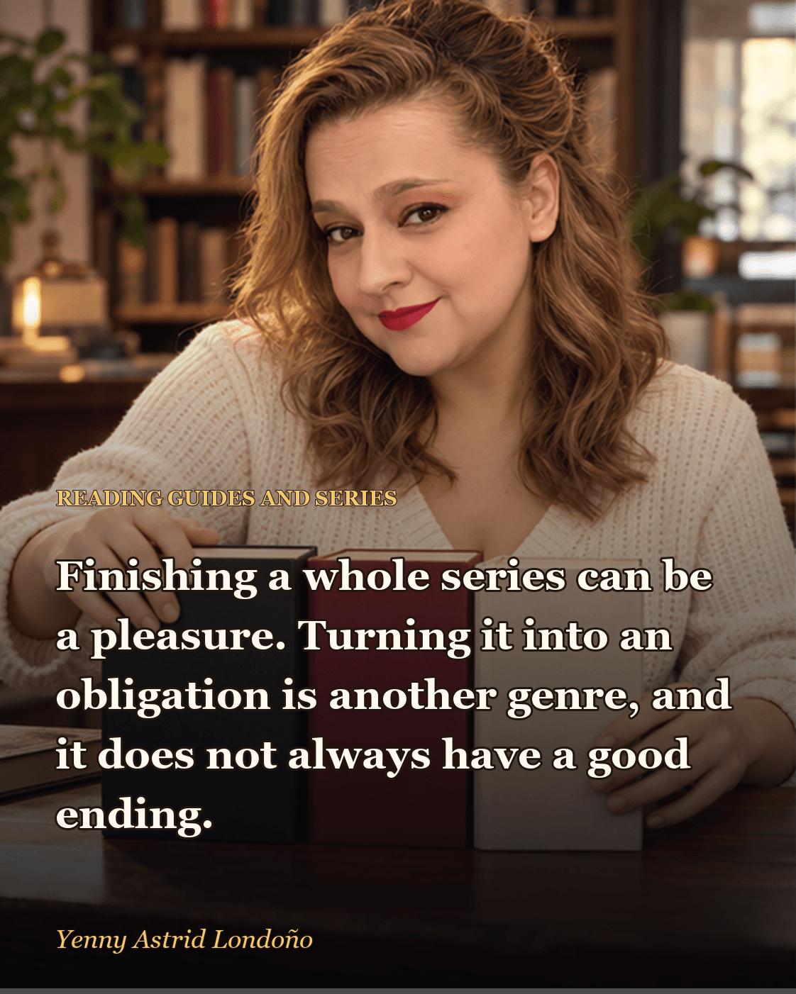 Image from “Best Juan Gómez-Jurado Books: Where to Start Without Getting Tangled in the Series,” written by Yenny Astrid Londoño. Yenny choosing one thriller from a shelf and setting aside an endless reading list.