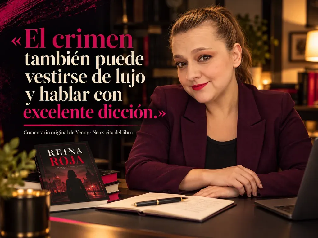 Imagen de la reseña del libro «Reina Roja», escrita por Yenny Astrid Londoño. Ilustración de Reina Roja, de Juan Gómez-Jurado, con un texto superpuesto: «El crimen también puede vestirse de lujo y hablar con excelente dicción».