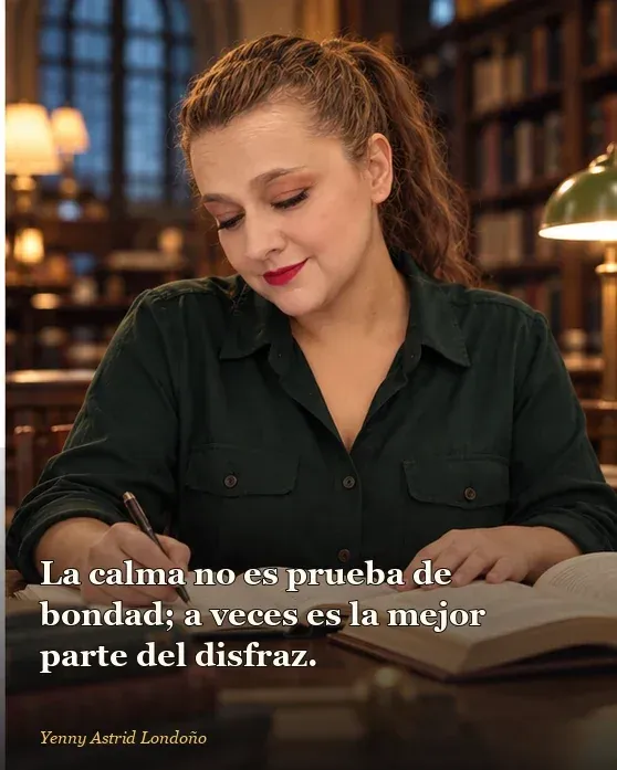 Imagen del artículo «Personajes literarios que necesitaban terapia urgentemente y otros que necesitaban dejar de hacer daño», escrito por Yenny Astrid Londoño. Yenny tomando notas frente a una novela psicológica en una mesa de lectura; frase: la calma no es prueba de bondad.