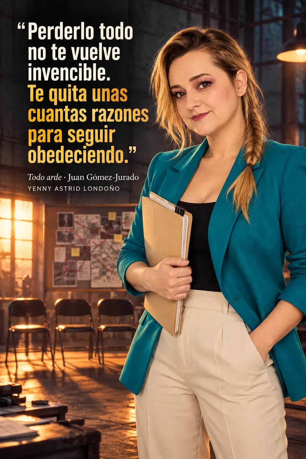Yenny con blazer turquesa y pantalón crema sosteniendo una carpeta en un taller industrial.