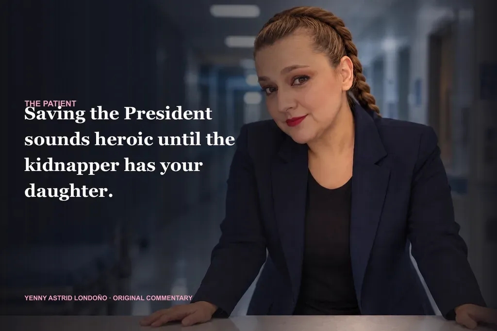 Image from Yenny Astrid Londoño’s review of “The Patient”. Illustration of The Patient, by Juan Gómez-Jurado, with overlaid text: «Saving the President sounds heroic until the kidnapper has your daughter.»
