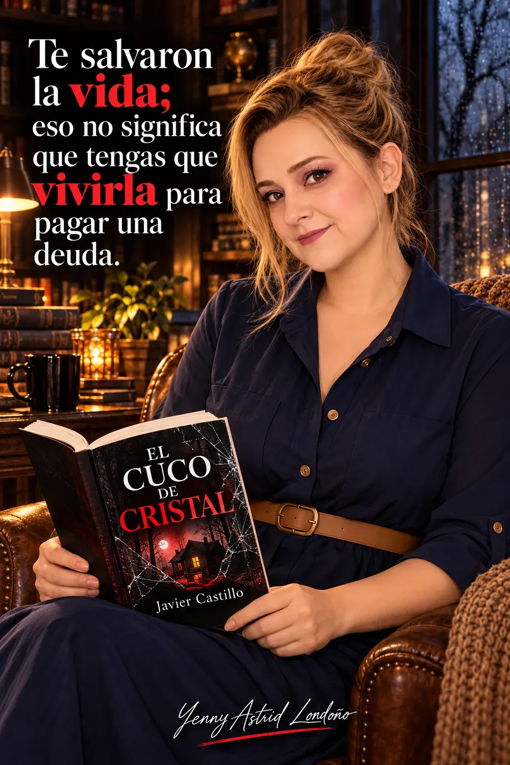 Yenny con recogido alto y vestido azul marino, leyendo El cuco de cristal en un sillón con las manos sobre el libro; frase del libro sobre vivir sin deudas.