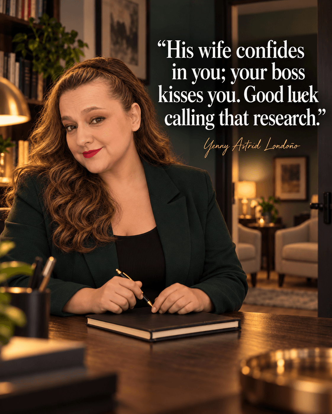 Image from Yenny Astrid Londoño’s review of “Behind Her Eyes”. Yenny in a psychiatrist’s office beside her comment about Louise’s entanglement. Text: His wife confides in you; your boss kisses you. Good luck calling that research.