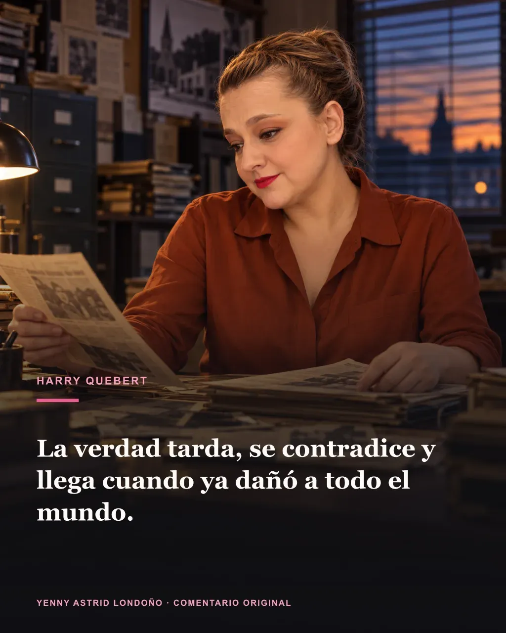 Imagen de la reseña del libro «La verdad sobre el caso Harry Quebert», escrita por Yenny Astrid Londoño. Ilustración de La verdad sobre el caso Harry Quebert, de Joël Dicker, con un texto superpuesto: «La verdad tarda, se contradice y llega cuando ya dañó a todo el mundo».