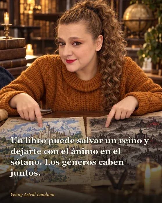Imagen del artículo «Fantasía épica vs. fantasía oscura: no, no se distinguen por cuánta sangre hay», escrito por Yenny Astrid Londoño. Yenny abre un mapa fantástico con una linterna a un lado y un libro marcado como lectura épica al otro.