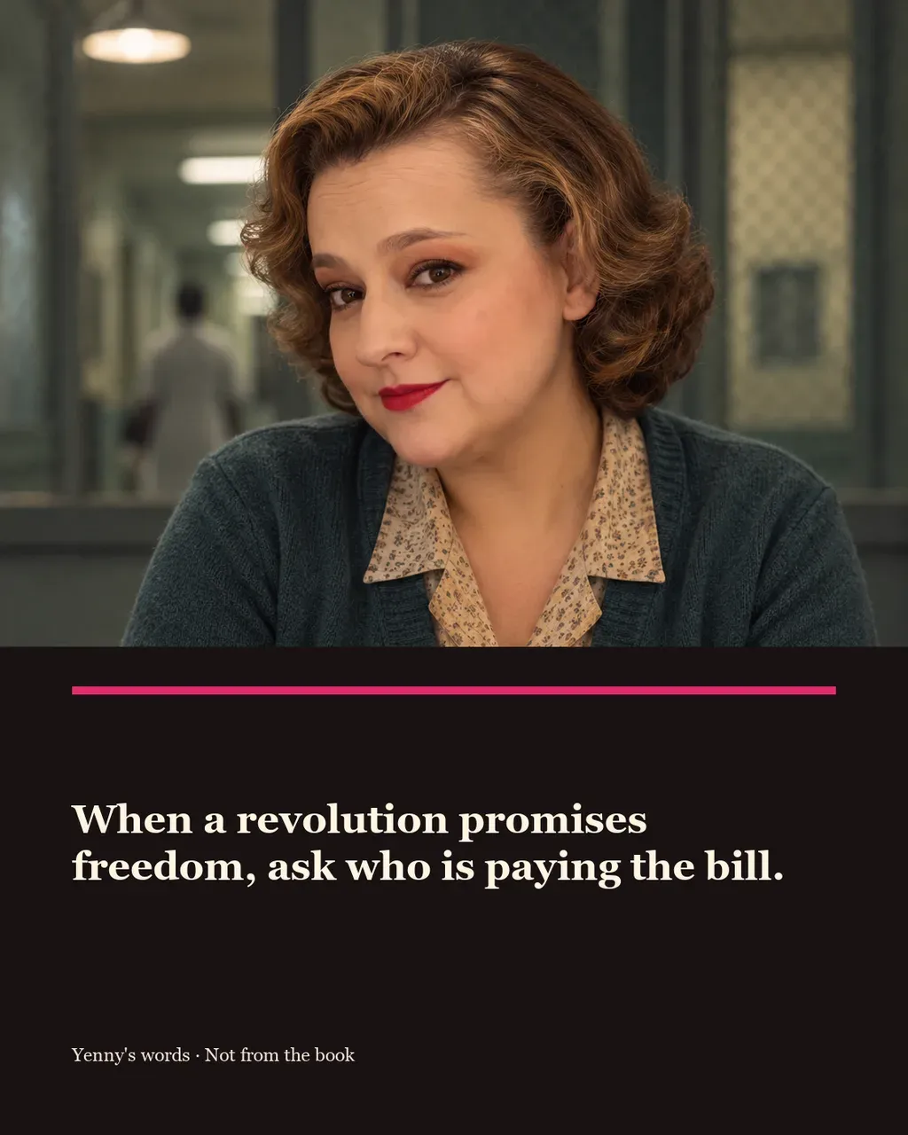 Image from Yenny Astrid Londoño’s review of “Hell”. Illustration of Hell, by Carmen Mola, with overlaid text: «When a revolution promises freedom, ask who is paying the bill.»