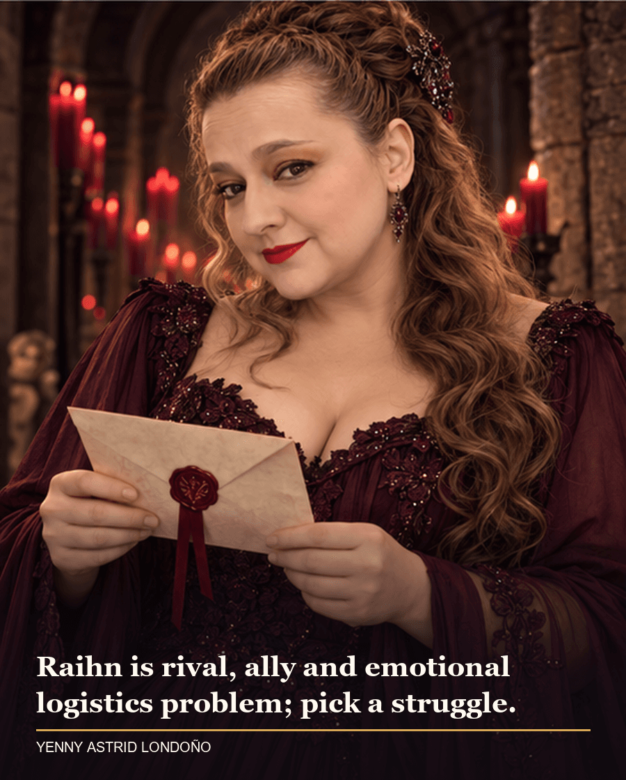 Image from Yenny Astrid Londoño’s review of “The Serpent & the Wings of Night”. Yenny in a plum dress reading a sealed invitation in a red-candlelit stone corridor. Text: Raihn is rival, ally and emotional logistics problem; pick a struggle.
