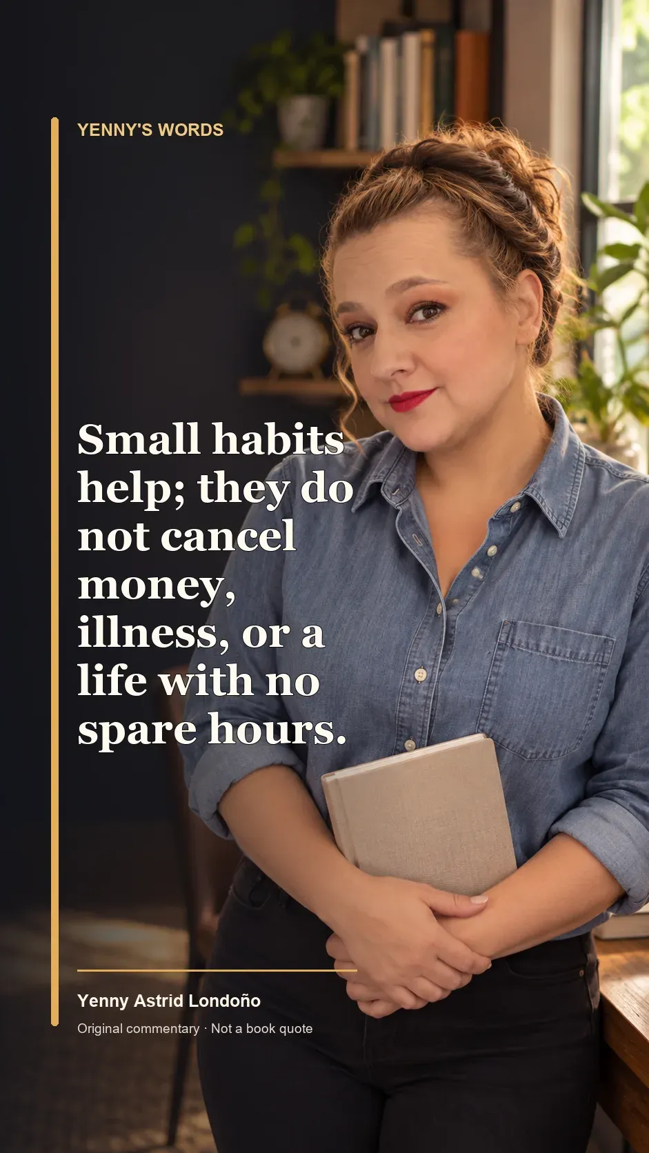 Image from Yenny Astrid Londoño’s review of “Atomic Habits”. Illustration of Hábitos atómicos, by James Clear, with overlaid text: «Small habits help; they do not cancel money, illness, or a life with no spare hours.»