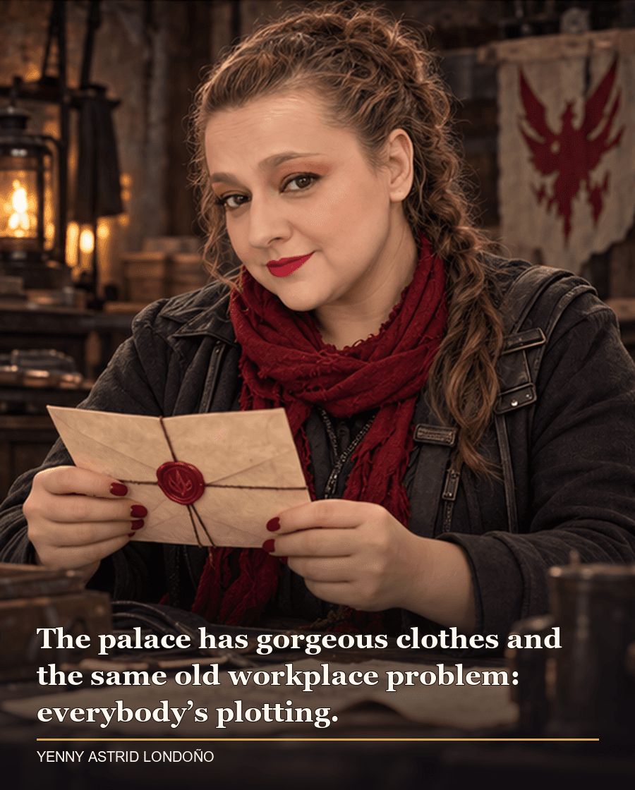 Image from Yenny Astrid Londoño’s review of “Red Queen”. Yenny in a charcoal jacket reading a sealed message in a hidden resistance room. Text: The palace has gorgeous clothes and the same old workplace problem: everybody’s plotting.