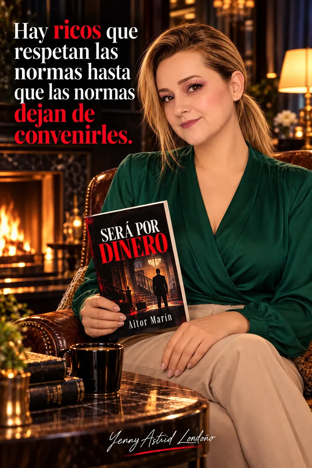 Yenny con coleta y blusa verde, sentada junto a una chimenea con Será por dinero y una mano sobre la rodilla; frase del libro sobre ricos y normas.